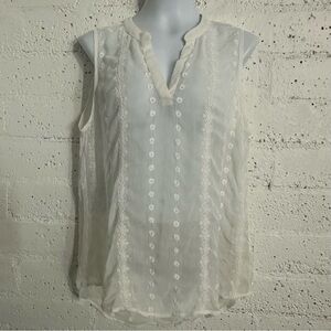 Olive & Oak Womens Top XL Cream Sheer V Neck Sleeveless Boho Eyelet BE14